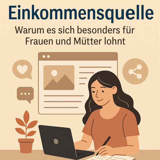 Illustration einer Frau am Laptop, die einen Blogartikel schreibt. Neben ihr Symbole für Herz, Chat und Teilen. Überschrift: Bloggen als Einkommensquelle – Warum es sich besonders für Frauen und Mütter lohnt.