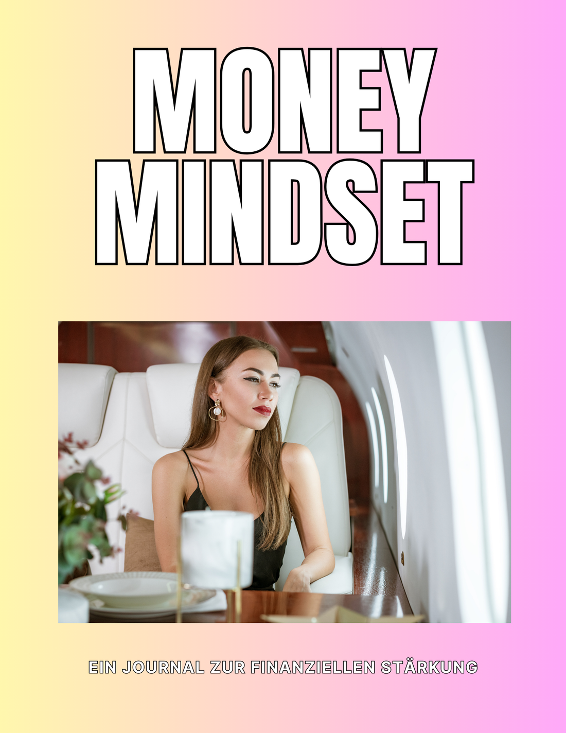 Money Mindset eine Frau in einem Privatflugzeug sehr Edel und glücklich