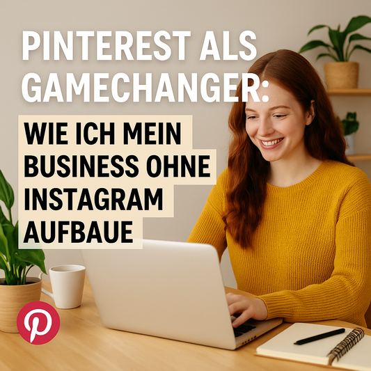 Junge Frau arbeitet am Laptop, daneben Text über Pinterest als Business-Alternative zu Instagram