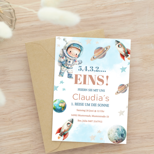 Astronauten Geburtstagseinladung - Weltraum Karte zum Selbstbearbeiten in Canva