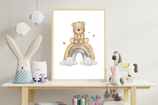 3-teiliges Poster-Set Kinder – Bär & Heißluftballons – Kinderzimmer Deko in Braun Grau – Wolken & Sterne – Digital Download Wandbilder