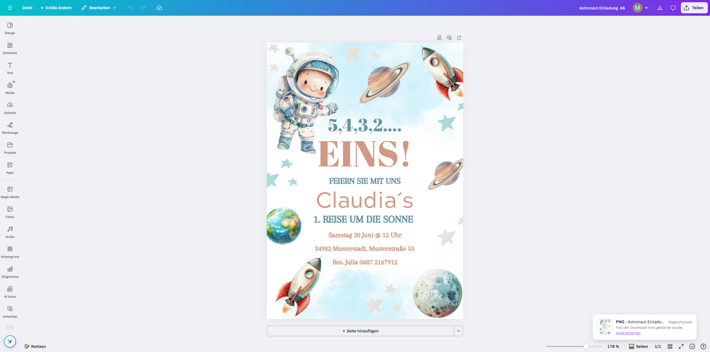 Astronauten Geburtstagseinladung - Weltraum Karte zum Selbstbearbeiten in Canva