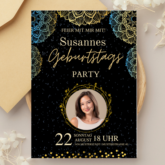Geburtstags Einladung Gold Bunt