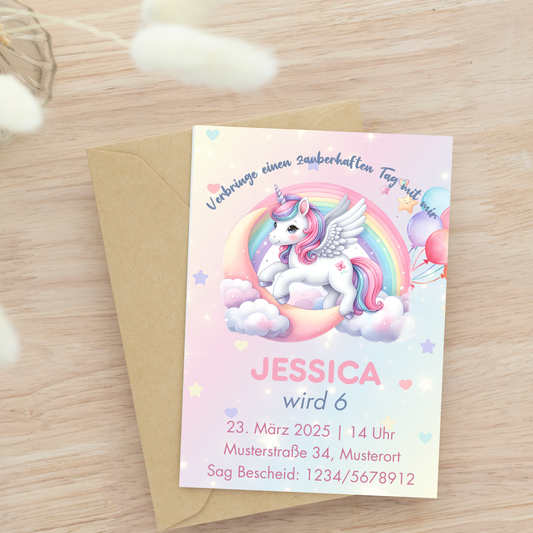Digitale Einladung Einhorn mit Mond & Regenbogen | Kindergeburtstag | Pastellfarben | Bearbeitbar mit Canva | Schlichte Einladung