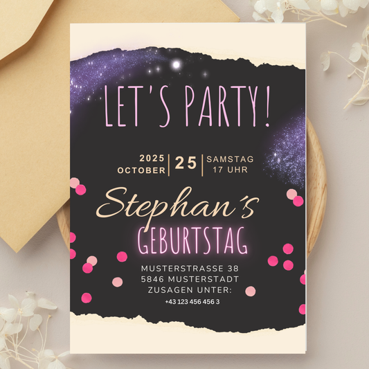 Geburtstagseinladung Erwachsene – Schwarzes & Neon-Design – Canva Vorlage A5/A6