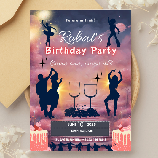Geburtstagseinladung Erwachsene – Tanz & Party Design – Canva Vorlage A5/A6
