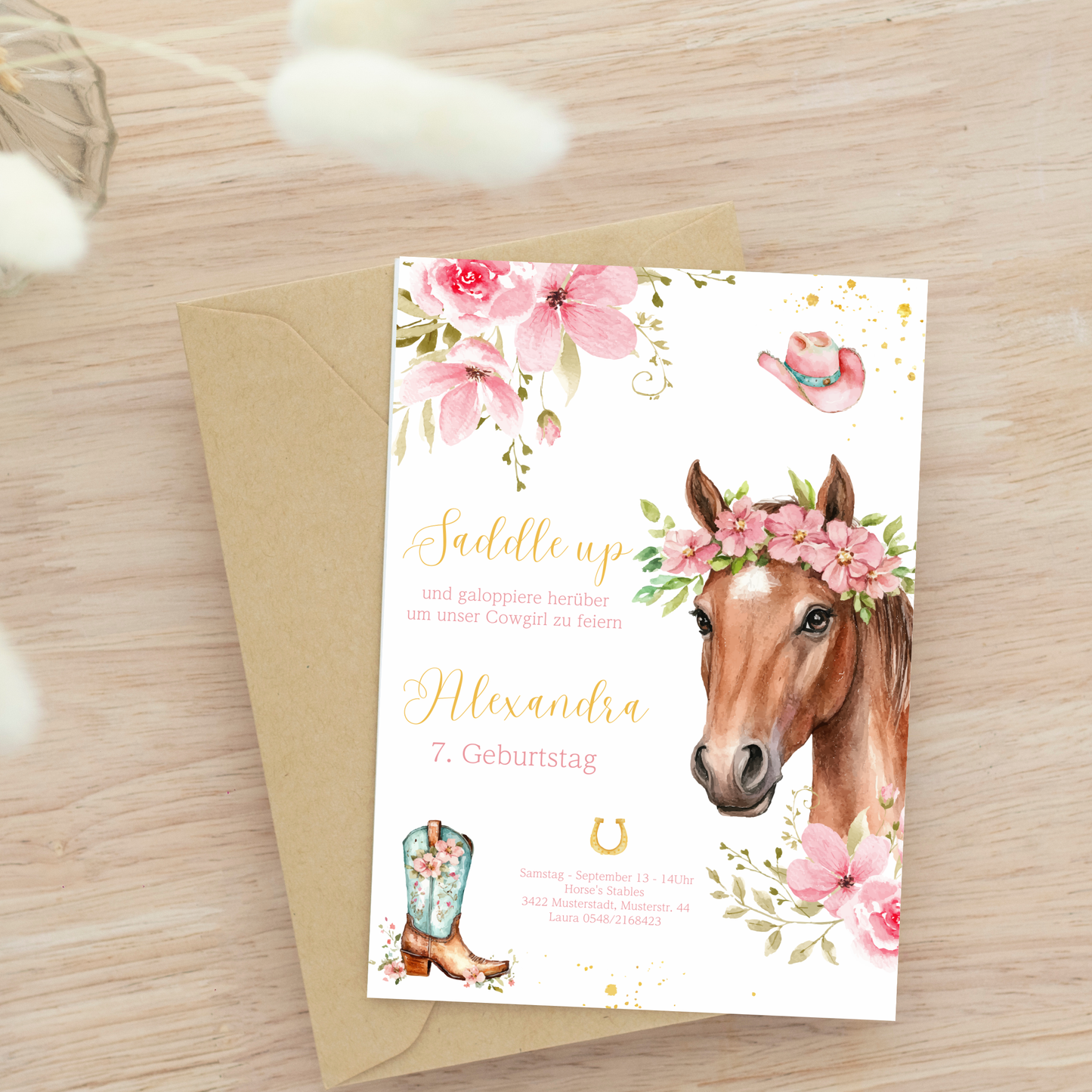 Pferde Einladungskarte Kindergeburtstag – 1 Design wählbar aus 2 Varianten – Editierbar in Canva – Digitaler Download – Mädchen & Buben