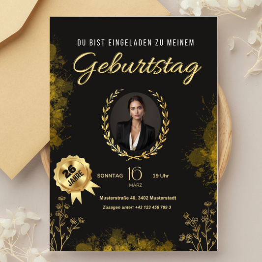 Geburtstagseinladung Erwachsene – Schwarzes & Goldenes Kranz-Design – Canva Vorlage A5/A6