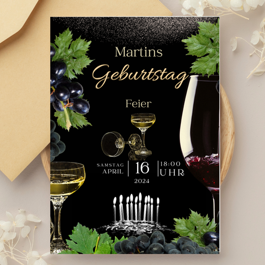 Geburtstagskarte liegt auf einem Teller und einem Kuvert Wein Thema