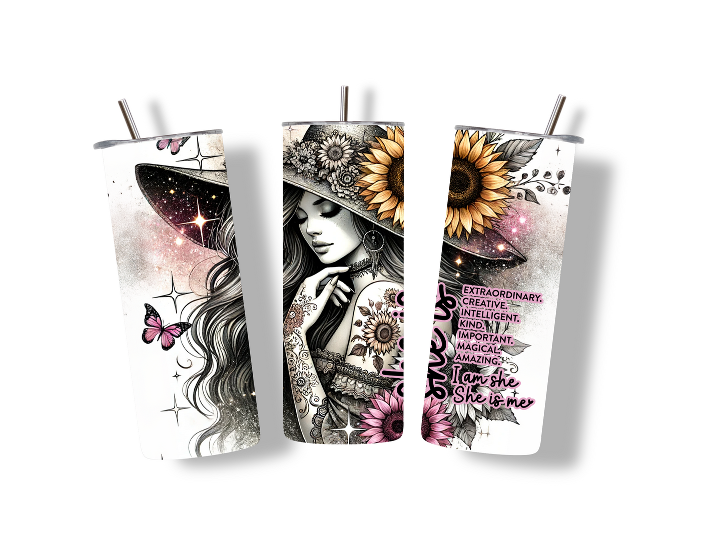 Glitzernder Edelstahlbecher mit She is Me Spruch, Frau mit Hut und Sonnenblume. Ein stylischer, inspirierender Begleiter für jeden Tag!