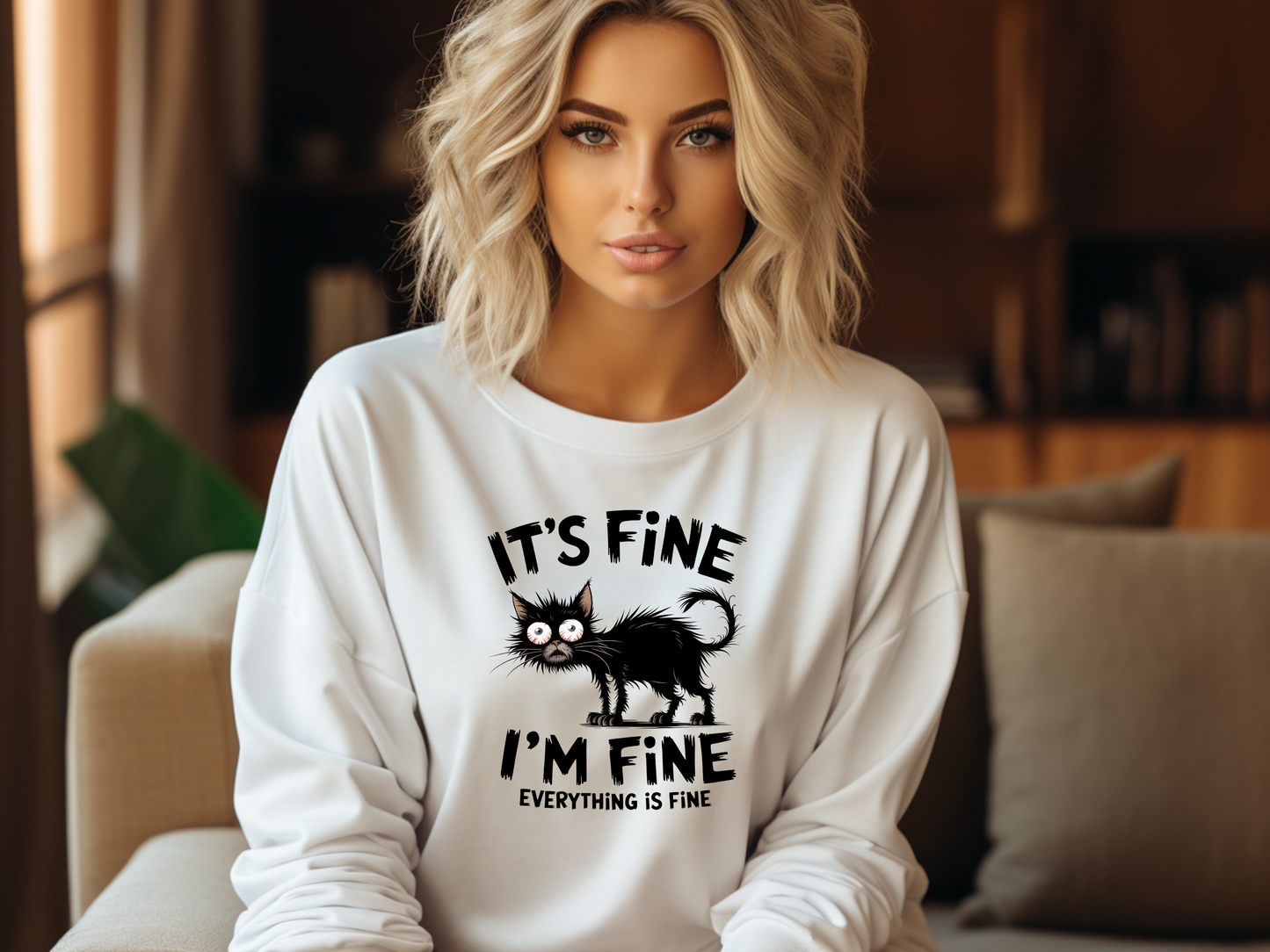 Pullover mit It’s fine, I’m fine, everything is fine und gestresster schwarzer Katze – perfekt für humorvolle Katzenfans.