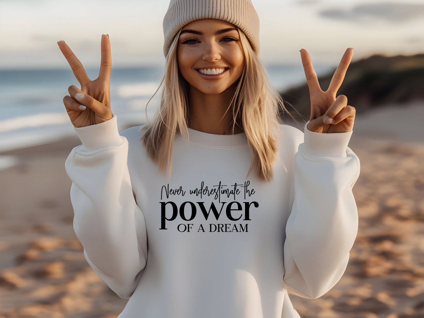 Inspirierender Pullover mit „Never underestimate the power of a dream. Belief is Power.“ Für alle, die groß träumen und an sich glauben!