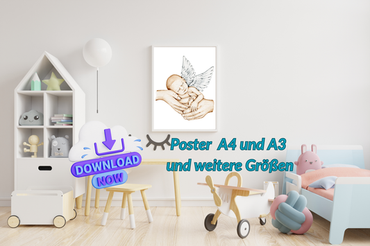 Poster Baby mit Engelsflügel – Elternhände schützend – Liebevolle Wanddeko Babyzimmer – Geschenk zur Geburt oder Taufe – Digital Download Kunst A4 A3