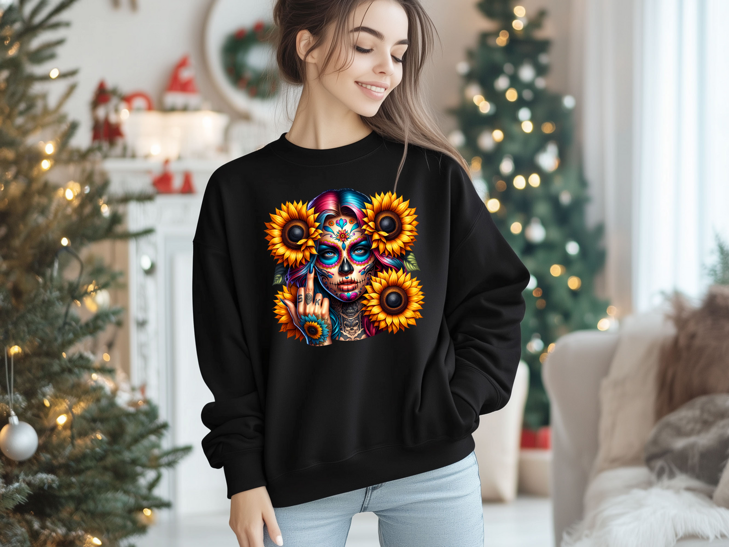 Stylischer Pullover mit Tattoo Girl und Sonnenblumen. Perfekt für coole Streetwear und alle, die mit Frechheit Style zeigen wollen!