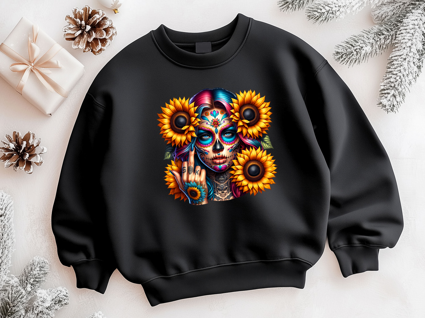 Stylischer Pullover mit Tattoo Girl und Sonnenblumen. Perfekt für coole Streetwear und alle, die mit Frechheit Style zeigen wollen!