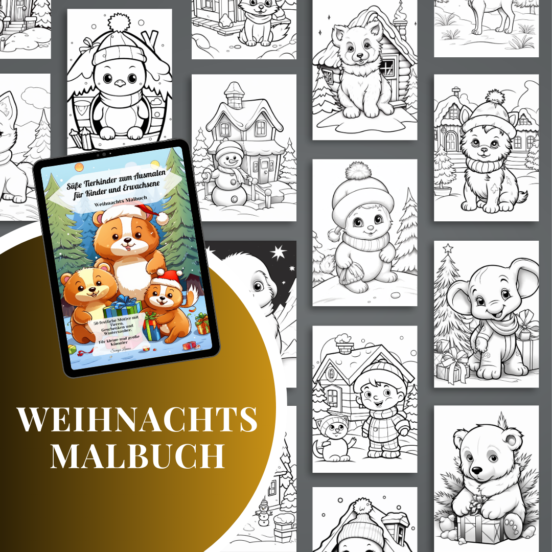 Weihnachts-Malbuch – Süße Tierkinder zum Ausmalen (PDF-Download, A4)