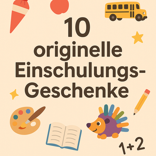 Titelbild des Blogartikels „10 originelle Einschulungs-Geschenke“ mit bunten Illustrationen wie Schulbus, Schultüte, Farbpinsel, Stift, Buch und einem bunten Igel – kindlich, verspielt und einladend gestaltet.