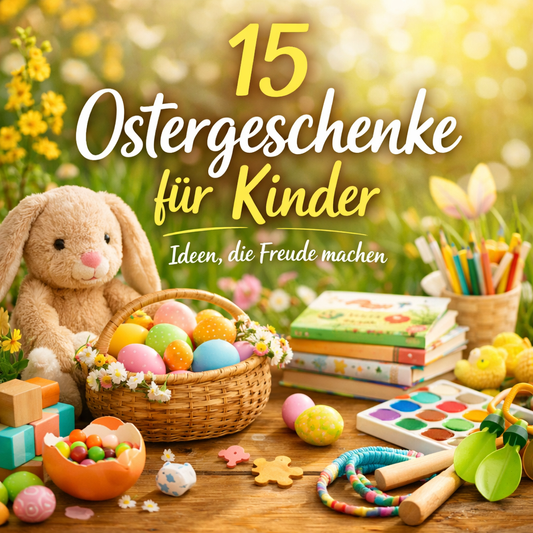 Quadratisches Titelbild zum Blogartikel „15 Ostergeschenke für Kinder“ mit einem gefüllten Osterkorb, bunten Eiern, Kuschelhase, Kinderbüchern, Bastelmaterial und Frühlingsblumen auf einem Holztisch im Garten.