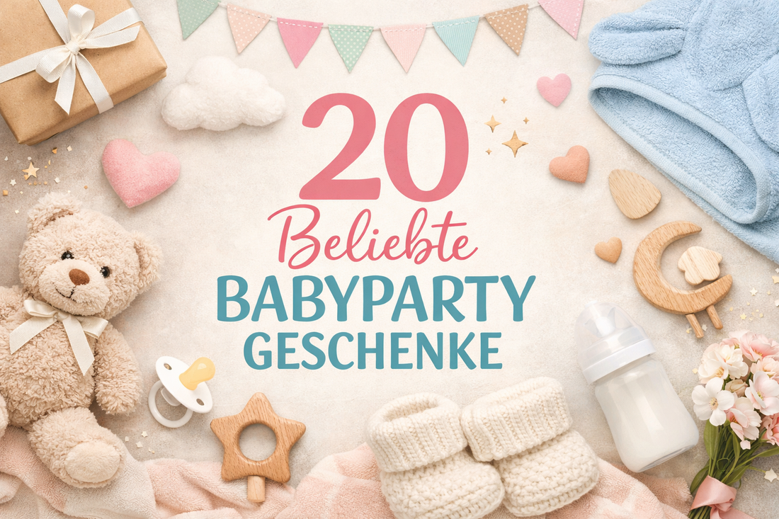 Titelbild mit Babyparty-Motiven wie Teddybär, Babyflasche und Geschenken zum Artikel „20 beliebte Babyparty Geschenke“.