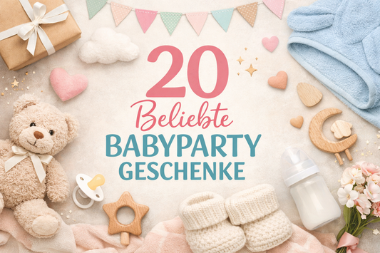 Titelbild mit Babyparty-Motiven wie Teddybär, Babyflasche und Geschenken zum Artikel „20 beliebte Babyparty Geschenke“.