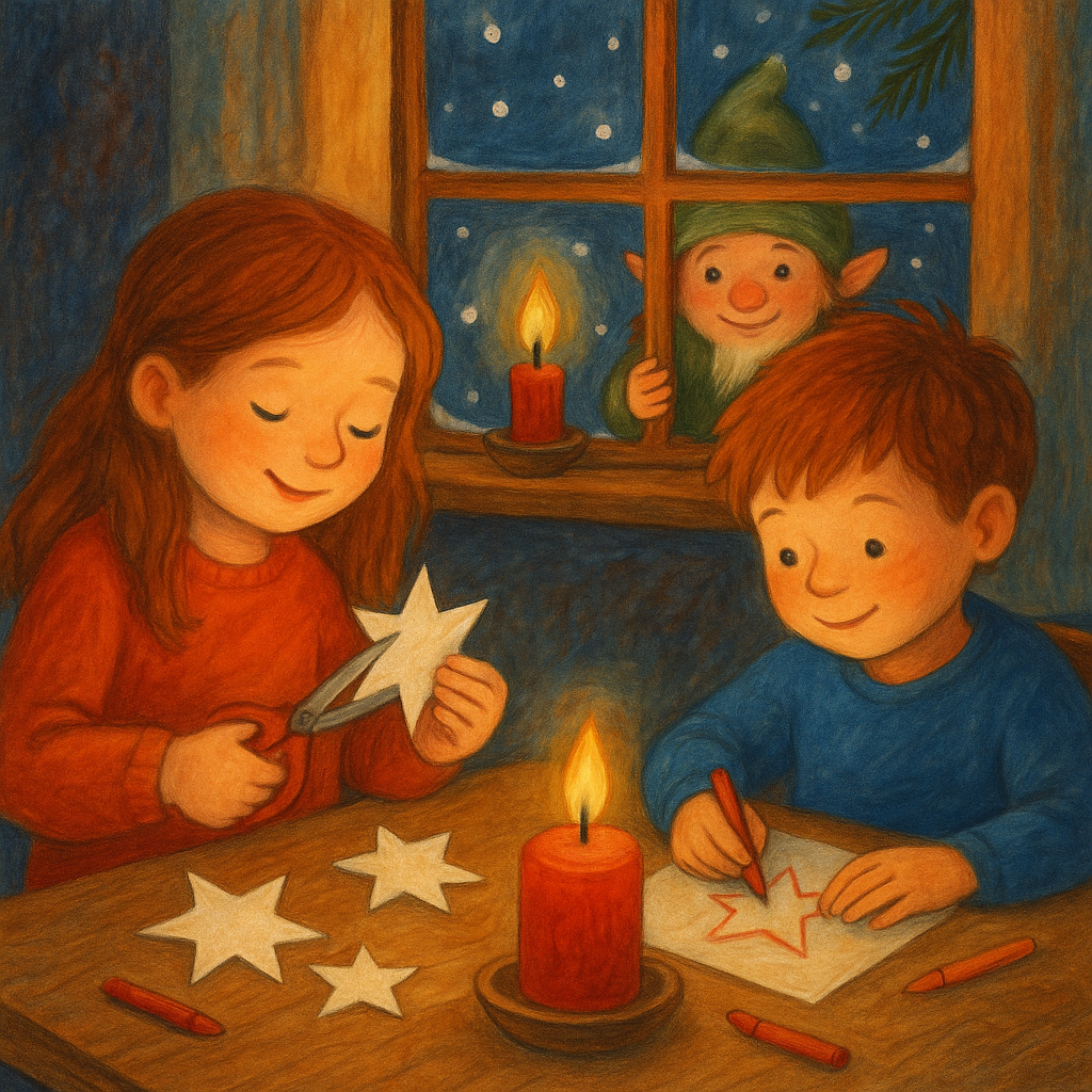 Kinder basteln am Adventkalender mit Kobold Flimm im Kerzenschein