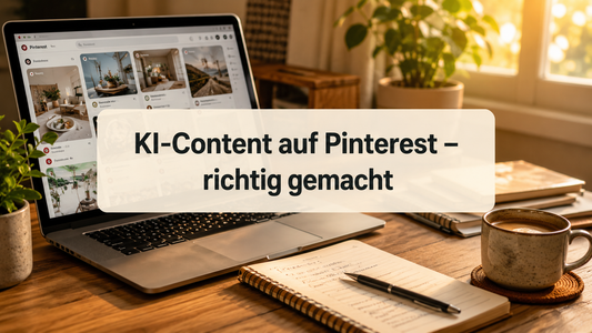 Berufstätige Mama erstellt am Laptop KI-Content auf Pinterest mit Notizen und Kaffee