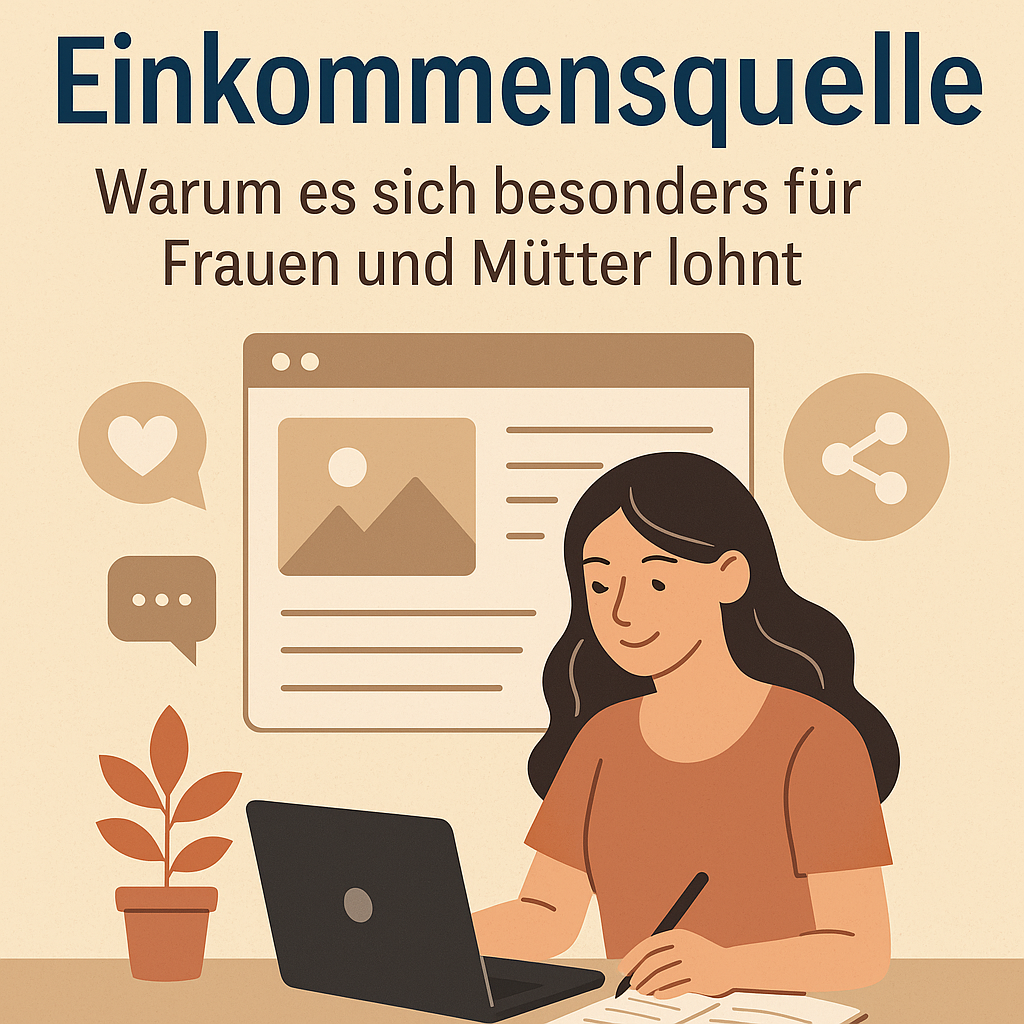 Illustration einer Frau am Laptop, die einen Blogartikel schreibt. Neben ihr Symbole für Herz, Chat und Teilen. Überschrift: Bloggen als Einkommensquelle – Warum es sich besonders für Frauen und Mütter lohnt.