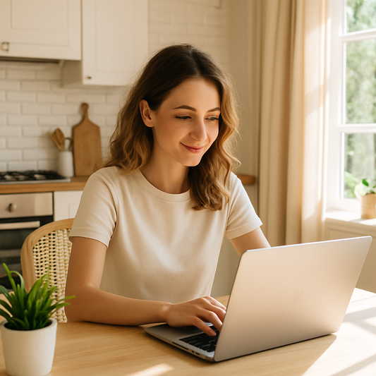 Junge Frau mit schulterlangem braunem Haar sitzt lächelnd vor Laptop in sonnendurchfluteter Küche – passend zu Canva für Anfänger und Homeoffice.