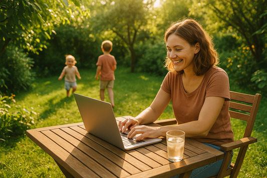 Mutter arbeitet als selbstständige Mama im Homeoffice im Garten, mit Laptop und Sommerdrink am Tisch, während ihre Kinder im Hintergrund spielen – perfekte Work-Life-Balance für Frauen, die online Geld verdienen wollen.