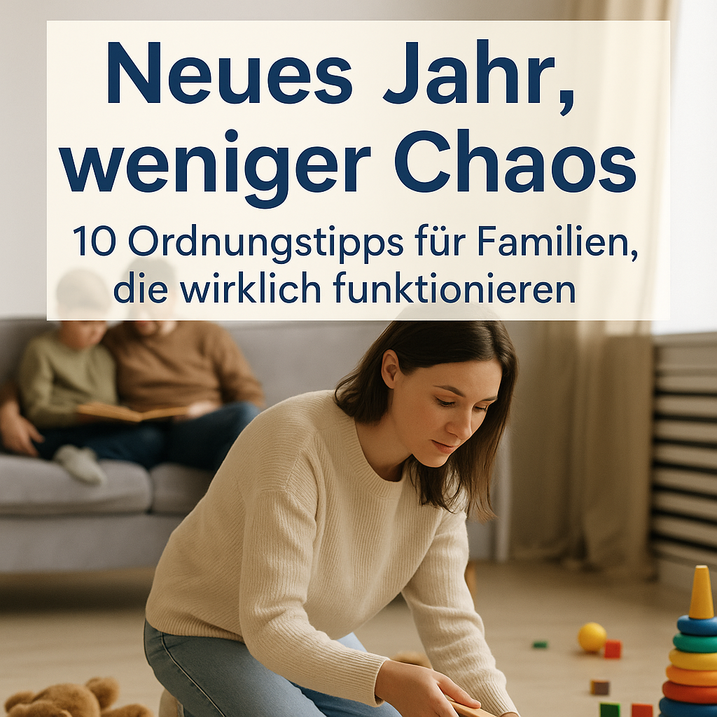 Aufgeräumtes Wohnzimmer mit Spielzeugkisten und Familienalltag