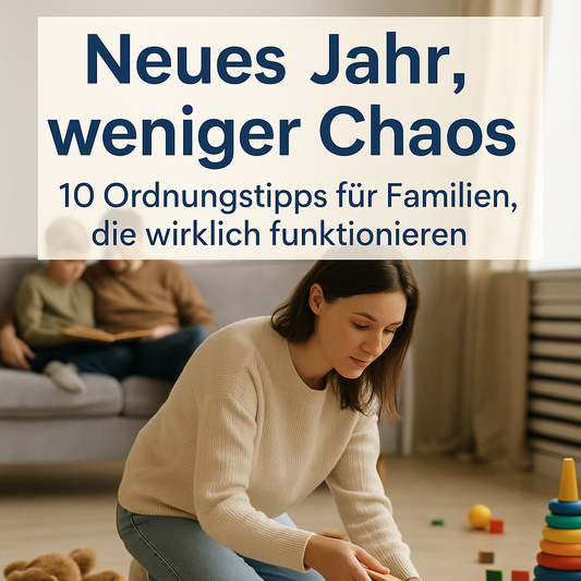 Aufgeräumtes Wohnzimmer mit Spielzeugkisten und Familienalltag