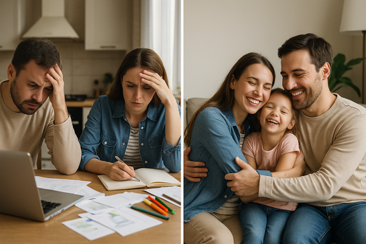 Geteiltes Foto einer Familie: Links sitzen Eltern gestresst über Papieren am Tisch, rechts lachen dieselben Eltern mit ihrem Kind harmonisch auf dem Sofa.