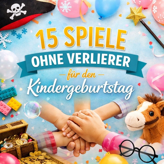 Quadratisches Titelbild mit der Aufschrift „15 Spiele ohne Verlierer für den Kindergeburtstag“, umgeben von Luftballons, Konfetti, Piratenhut, Schneeflocken, Spielzeug und Kinderhänden in der Mitte als Symbol für Gemeinschaft.