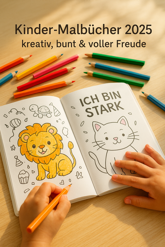 Kinderhände malen in einem offenen Malbuch bunte Tiermotive und Affirmationen aus. Buntstifte liegen verstreut auf dem Tisch, das Bild vermittelt Kreativität und Freude am Ausmalen.
