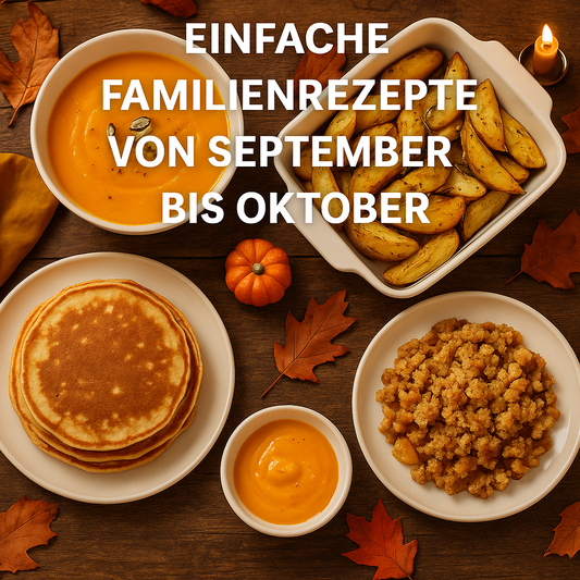 Quadratisches Titelbild mit Kürbissuppe, Ofenkartoffeln, Apfel-Crumble und Pfannkuchen, herbstlich dekoriert mit Blättern und Kürbissen.