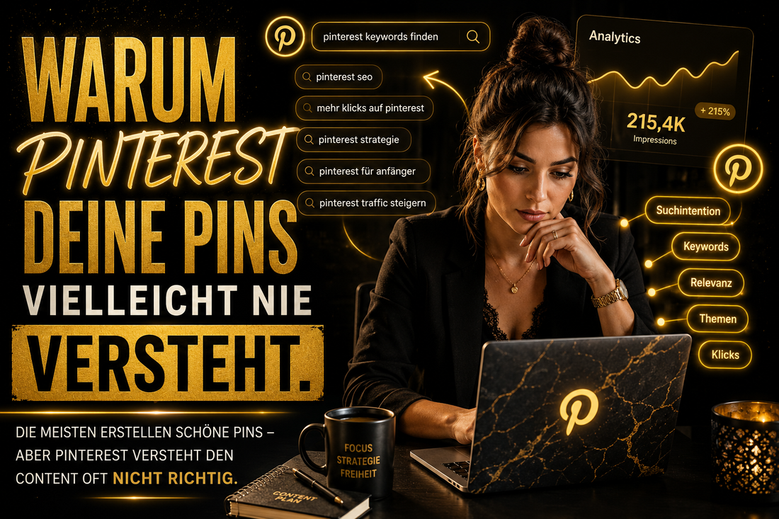Frau analysiert Pinterest Keywords und Suchbegriffe mit ChatGPT auf einem Laptop für mehr Pinterest Reichweite und Klicks.