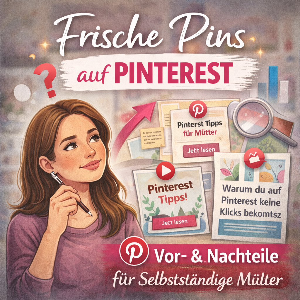 Überschrift im Bild: „Frische Pins auf Pinterest – Vor- & Nachteile für Selbstständige Mütter“.