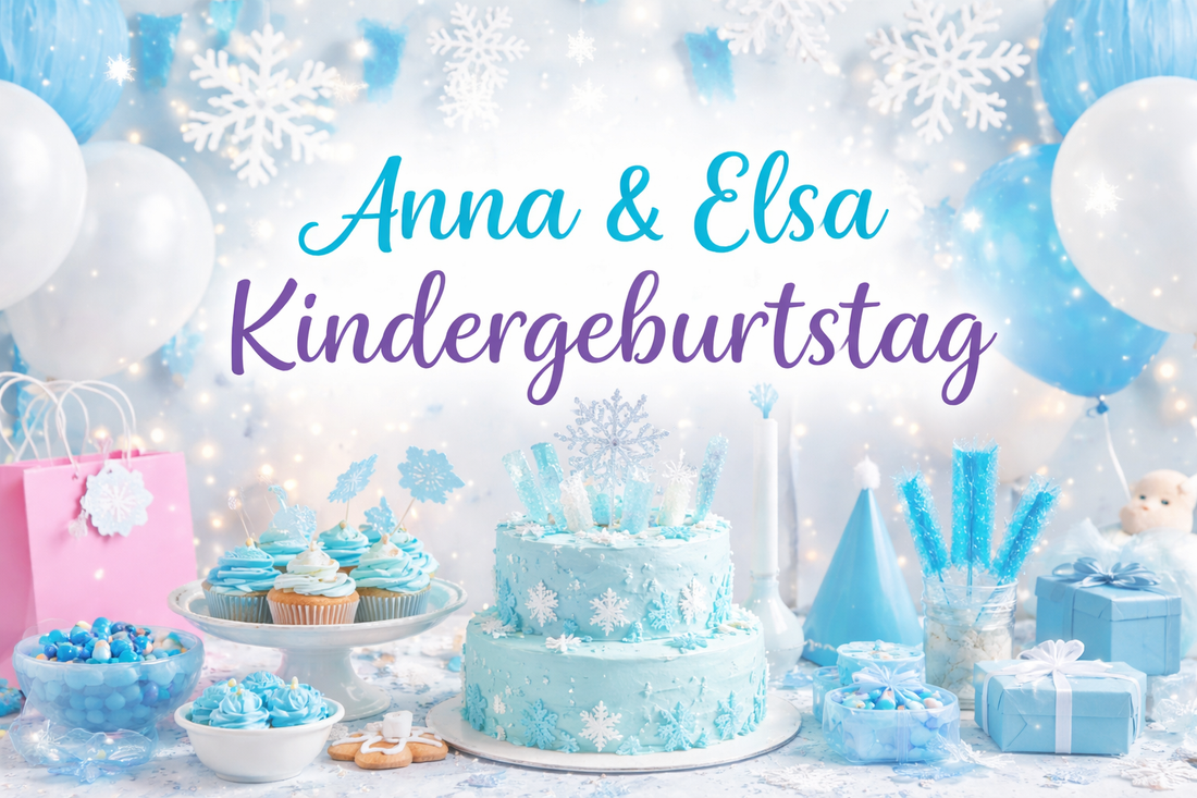 Winterlich dekorierter Kindergeburtstagstisch in Blau und Weiß mit Schneeflocken, Geburtstagstorte und Snacks für einen Anna-und-Elsa-Kindergeburtstag zuhause.