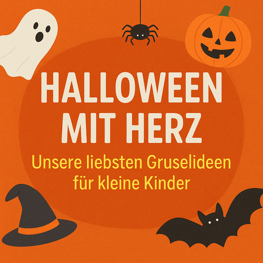 Quadratisches Titelbild mit Kürbis, Geist und Fledermaus, Text „Halloween mit Herz – Unsere liebsten Gruselideen für kleine Kinder“.