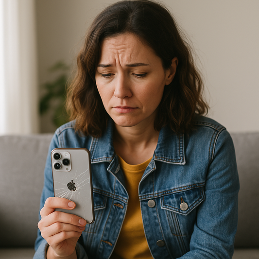 Eine Frau mit schulterlangen braunen Haaren sitzt auf einem Sofa und hält ein Smartphone mit gesprungener Rückseite in der Hand. Sie schaut besorgt auf das Gerät. Die Szene wirkt natürlich und zeigt eine ruhige Alltagsumgebung.