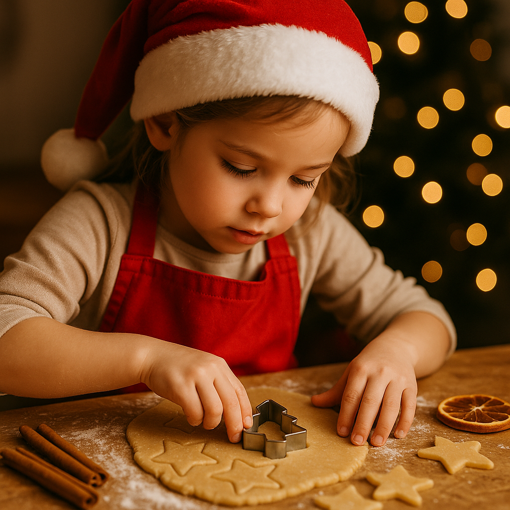 Kind sticht Weihnachtsplätzchen aus – gemeinsame Backzeit.