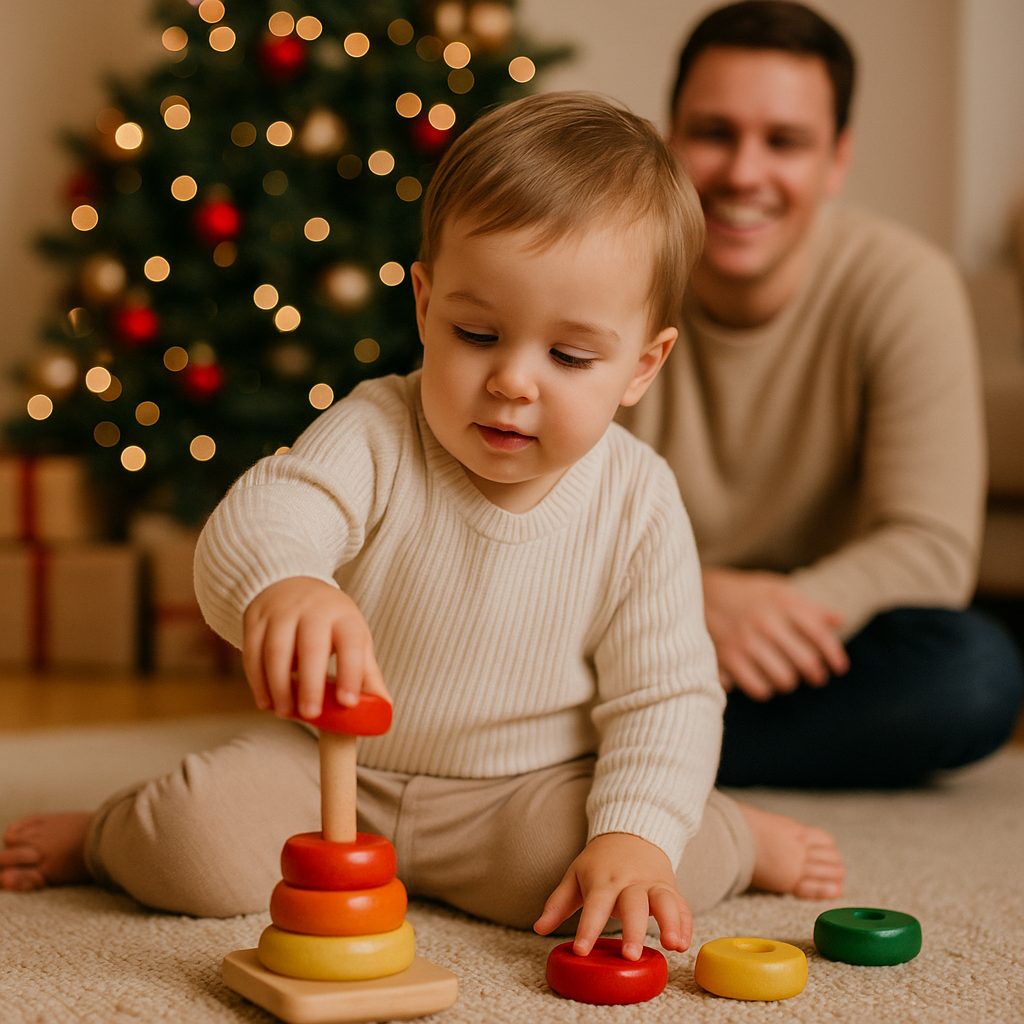 „Kleinkind spielt mit pädagogisch wertvollem Holzspielzeug unterm Weihnachtsbaum“