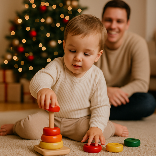„Kleinkind spielt mit pädagogisch wertvollem Holzspielzeug unterm Weihnachtsbaum“
