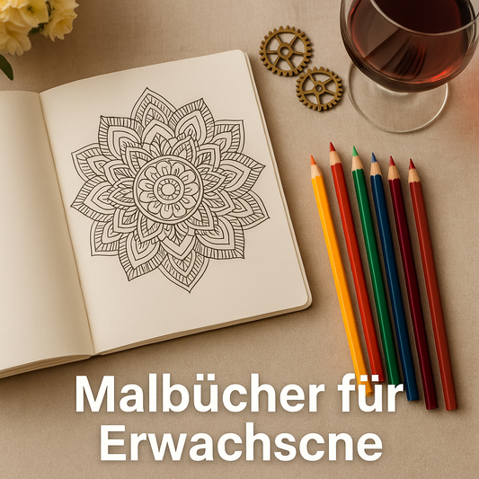 Offenes Malbuch mit Mandala-Motiv, daneben bunte Buntstifte, ein Glas Rotwein und kleine Zahnräder auf einem Leinentisch – Symbol für kreative Auszeit und Malbücher für Erwachsene.