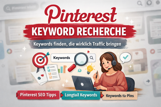 Illustration einer selbständigen Frau am Laptop mit Symbolen für Pinterest Keyword Recherche, SEO Keywords und Longtail Keywords