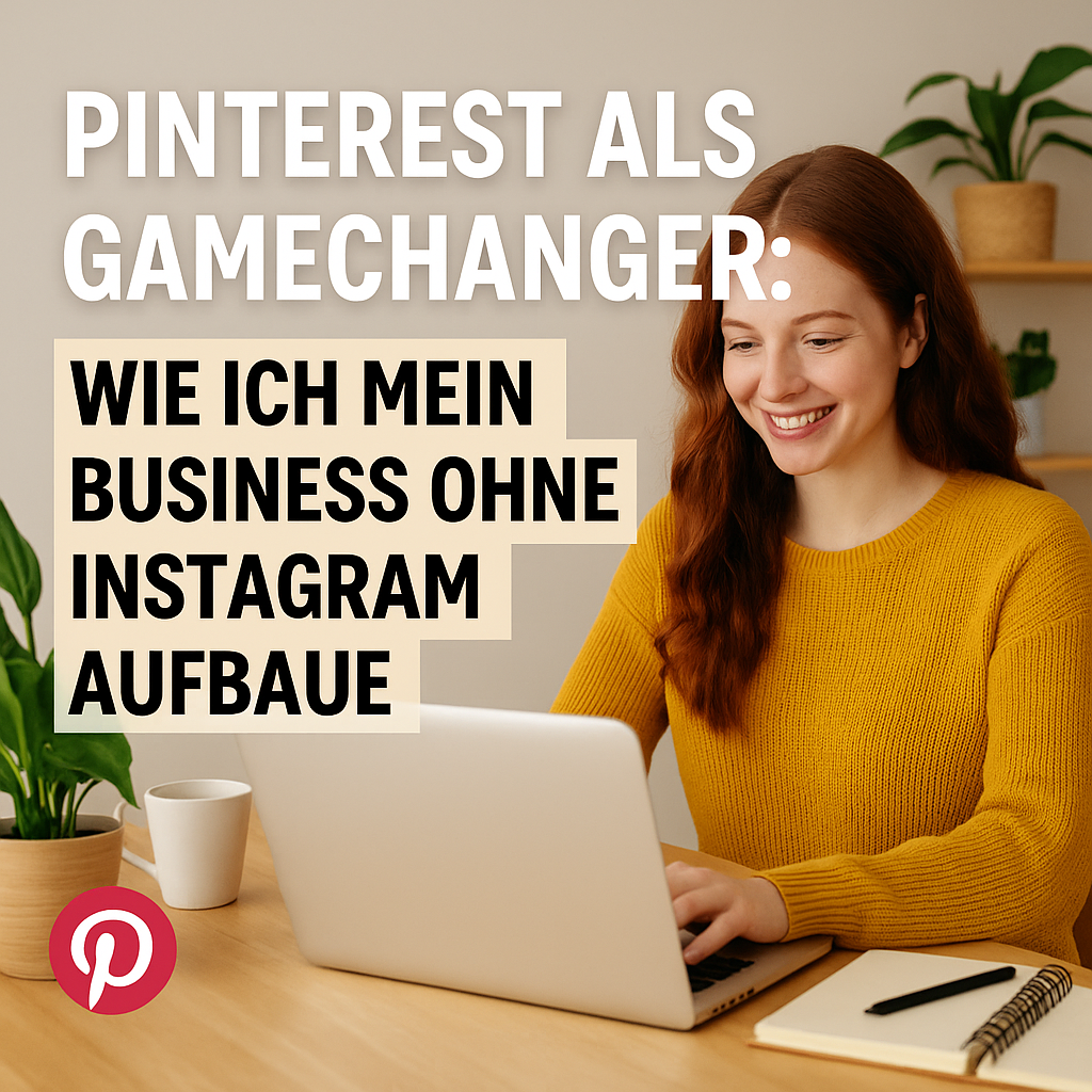 Junge Frau arbeitet am Laptop, daneben Text über Pinterest als Business-Alternative zu Instagram