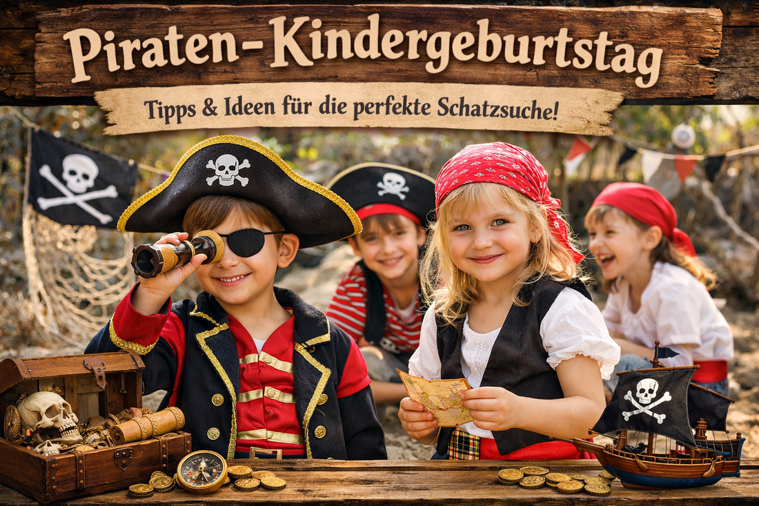 Kinder feiern einen Piraten-Kindergeburtstag mit Schatzkiste, Piratenkostümen und Dekoration im Freien.