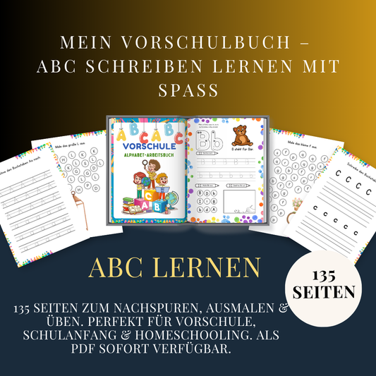 Titelbild mit Vorschulbuch zum ABC lernen, zeigt bunte Buchstaben und eine Übungsseite zum Buchstaben B – ideal für Vorschule und Homeschooling.