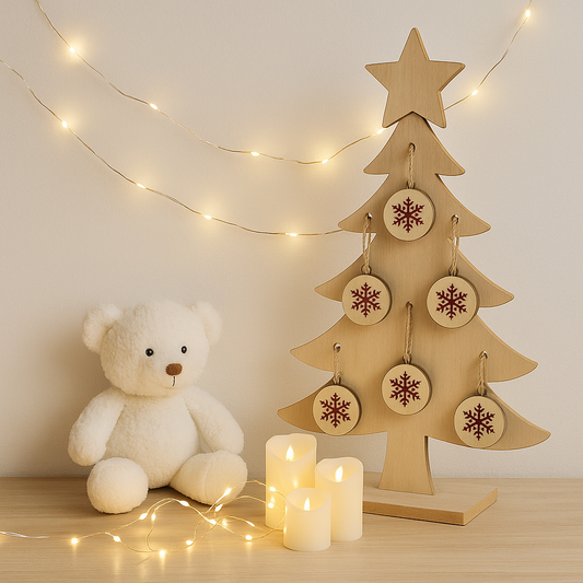 Babysichere Weihnachtsdeko mit LED-Kerzen, Holzbaum und Plüschbär auf hellem Tisch – warm beleuchtet, festlich und kindgerecht gestaltet.