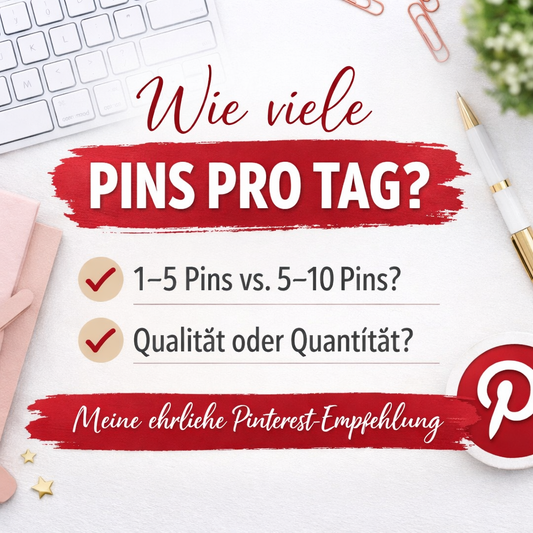 Quadratisches Blog-Titelbild mit der Aufschrift „Wie viele Pins pro Tag?“ und dem Untertitel „Meine ehrliche Pinterest-Empfehlung“ in Rot und Weiß, dekoriert mit Büroelementen wie Tastatur, Stift und Notizbuch.